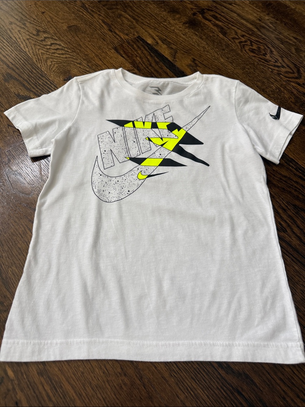 Nike White Graphic Tee with Neon Yellow and Black Accents